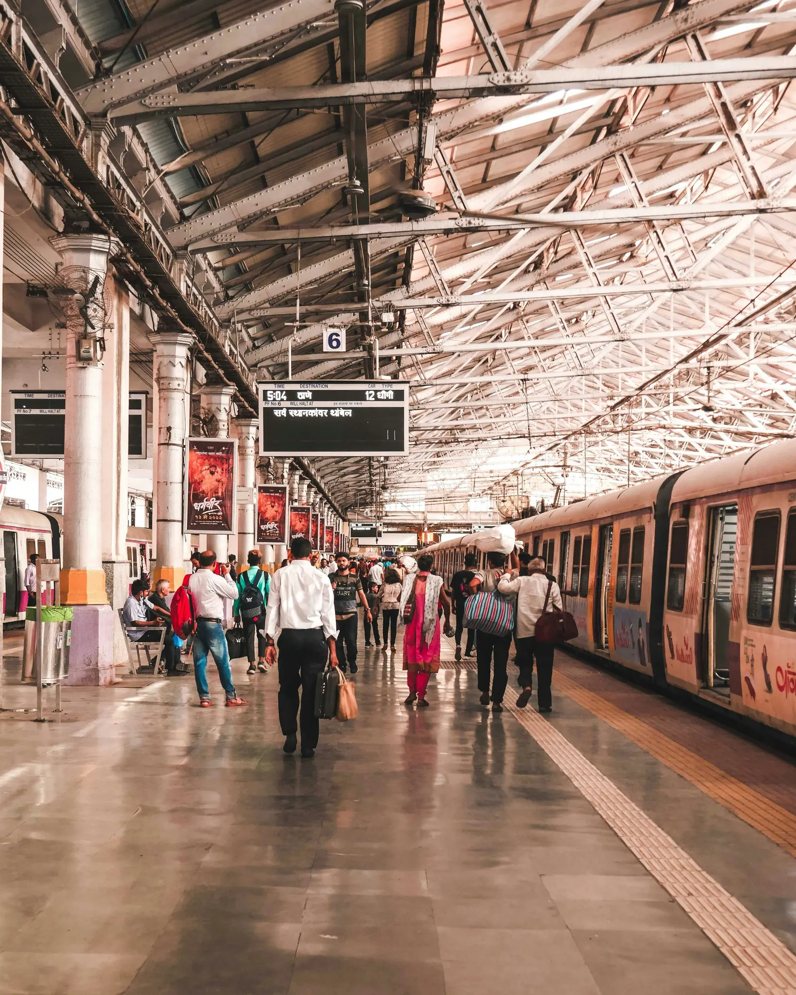 A train beneath the station’s covered platforms